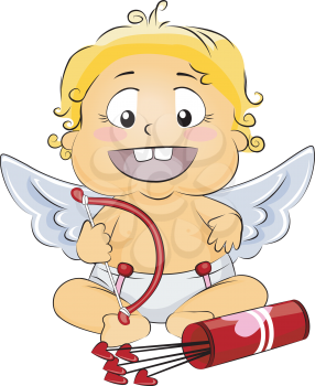 Royalty Free Clipart Image of a Baby Cupid With Arrows and a Bow