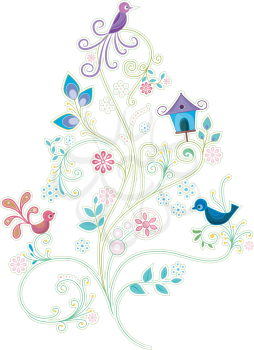 Royalty Free Clipart Image of a Tree With Birds and Birdhouses