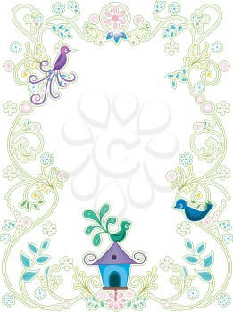 Royalty Free Clipart Image of a Frame With Vines, Birds and a Birdhouse
