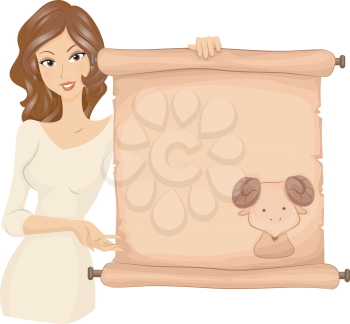 Royalty Free Clipart Image of a Woman Holding a Scroll With a Ram