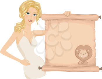 Royalty Free Clipart Image of a Woman Holding a Scroll With a Lion