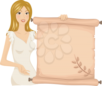 Royalty Free Clipart Image of a Woman With a Scroll that Has Wheat On It
