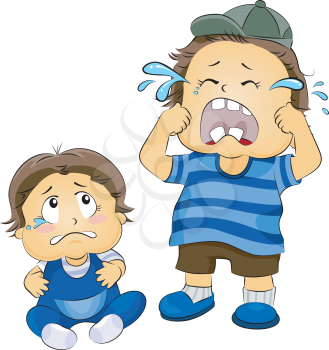 Royalty Free Clipart Image of a Boy Crying With a Teary Baby Beside Him