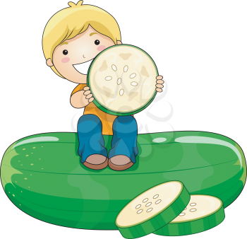 Royalty Free Clipart Image of a Boy Sitting on a Big Cucumber