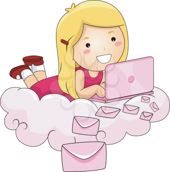 Royalty Free Clipart Image of a Girl Sending Email While Lying on a Cloud