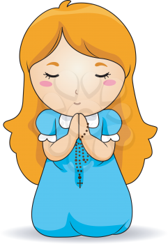Royalty Free Clipart Image of a Girl Praying With a Rosary