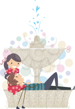 Royalty Free Clipart Image of a Boy Resting His Head on a Girl's Lap at a Fountain