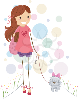 Royalty Free Clipart Image of a Girl Taking Her Dog For a Walk