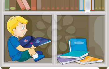 Royalty Free Clipart Image of a Child Reading in a Bookshelf
