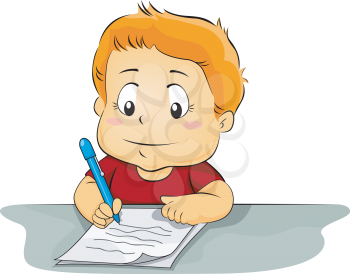 Royalty Free Clipart Image of a Child Writing on a Piece of Paper