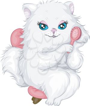 Royalty Free Clipart Image of a White Cat With a Pink Brush
