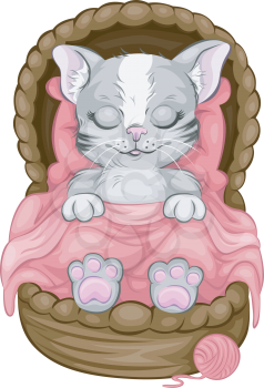 Royalty Free Clipart Image of a Cat Sleeping in Bed