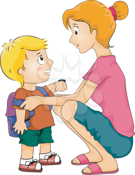 Royalty Free Clipart Image of a Mother Helping Her Son Get Ready For School