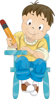 Royalty Free Clipart Image of a Schoolboy Writing With a Big Pen