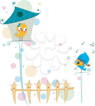 Royalty Free Clipart Image of a Bluebird Serenading a Canary