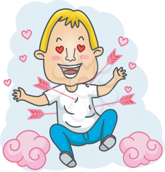 Royalty Free Clipart Image of a Man With Cupid's Arrows in Him and Hearts in His Eyes