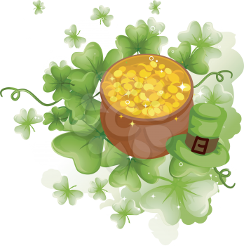 Royalty Free Clipart Image of a Pot of Gold and a Hat Sitting on Shamrocks