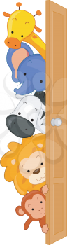 Royalty Free Clipart Image of Animals Peeking From Behind a Door