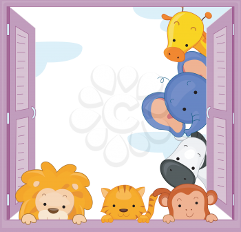 Royalty Free Clipart Image of a Zoo Animals Peeking Out a Window