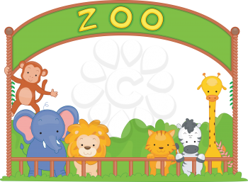 Royalty Free Clipart Image of Zoo Animals Leaning on the Fence
