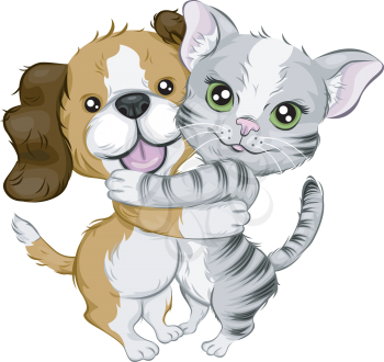 Royalty Free Clipart Image of a Hugging Cat and Dog