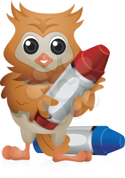 Royalty Free Clipart Image of an Owl With Crayons