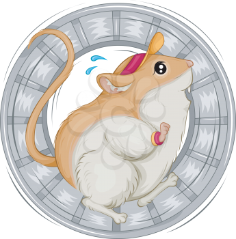 Royalty Free Clipart Image of a Chubby Gerbil on a Wheel