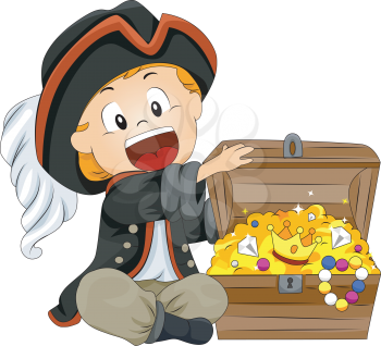 Royalty Free Clipart Image of a Little Boy in a Pirate Costume With a Treasure Chest
