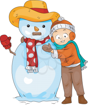 Royalty Free Clipart Image of a Boy Hugging a Snowman