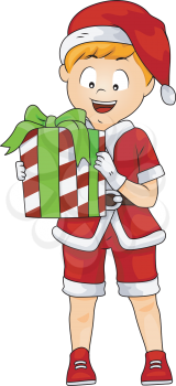 Royalty Free Clipart Image of a Boy in a Santa Suit With a Present
