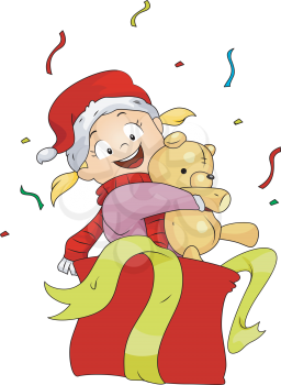 Royalty Free Clipart Image of a Child Getting a Teddy Bear for Christmas