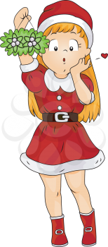Royalty Free Clipart Image of a Girl in a Santa Costume Holding Mistletoe