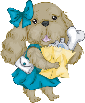 Royalty Free Clipart Image of a Dog in a Blue Dress With a Bag of Groceries