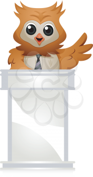 Royalty Free Clipart Image of an Owl Speaking from a Lectern