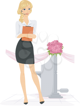 Royalty Free Clipart Image of a Wedding Planner With a Headset and Clipboard