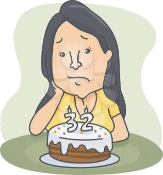 Royalty Free Clipart Image of a Woman Beside a Birthday Cake Looking Sad