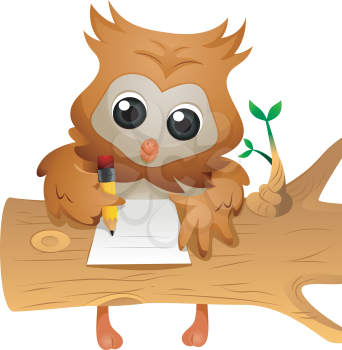 Royalty Free Clipart Image of an Owl Writing