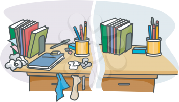 Royalty Free Clipart Image of a Table With an Untidy and a Tidy Side