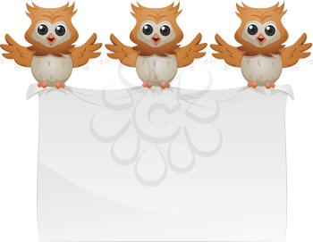 Royalty Free Clipart Image of Three Owls Holding a Banner
