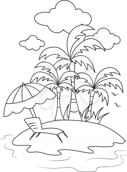 Royalty Free Clipart Image of a Small Island With a Lounger and Umbrella