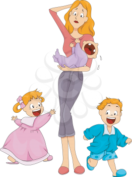 Royalty Free Clipart Image of a Woman With Busy Children