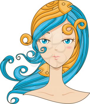 Royalty Free Clipart Image of a Girl With Fish in Her Blue Hair