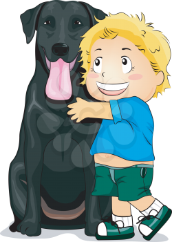 Royalty Free Clipart Image of a Child Hugging a Black Dog
