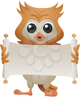 Royalty Free Clipart Image of an Owl With an Open Scroll