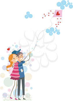 Royalty Free Clipart Image of a Couple Flying a Heart Kite