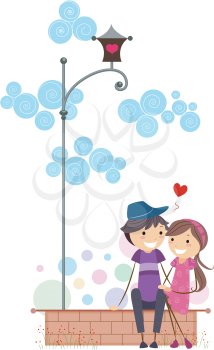Royalty Free Clipart Image of a Couple Sitting Together Under a Lamppost