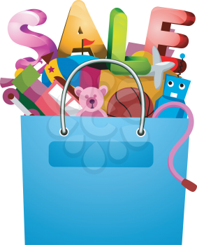Royalty Free Clipart Image of a Bag With Toys and the Word Sale
