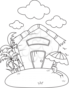 Royalty Free Clipart Image of a Small Cottage With Palm Trees