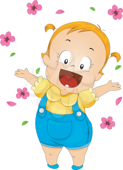 Royalty Free Clipart Image of a Toddler Throwing Flowers