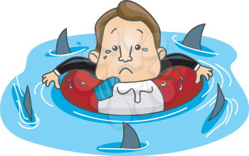 Royalty Free Clipart Image of a Man Swimming With the Sharks